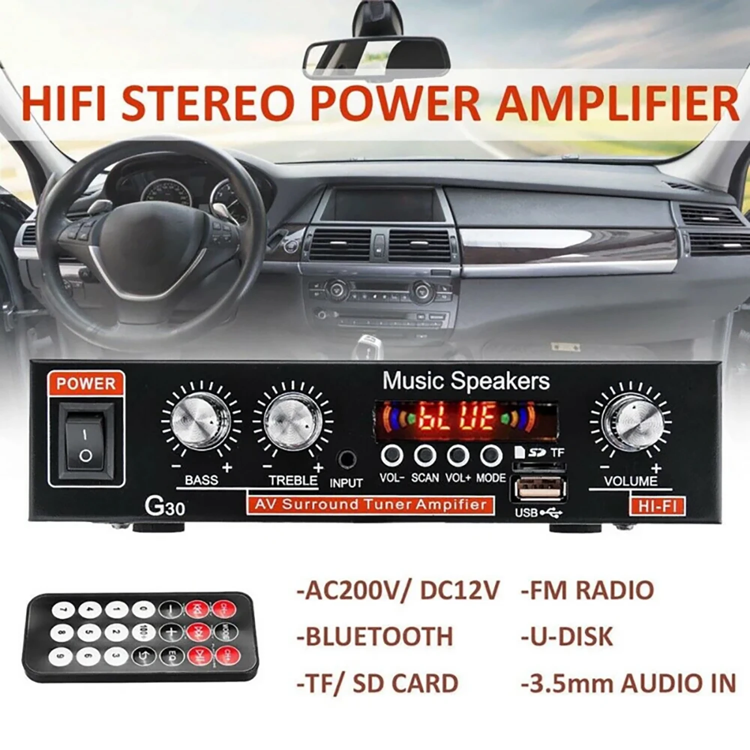

GAP-G30 Car Amplificador Digital Home Power BT Hifi Amplifiers Stereo Subwoofer Music Player With remote control EU/US Plug