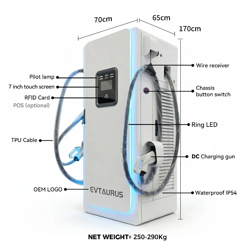 EVTAURUS New 80/120/160/180/240KW IP54 CCS GBT Chademo OCPP1.6J Commercial DC Fast EV Charging Station Billing Software 2-Year