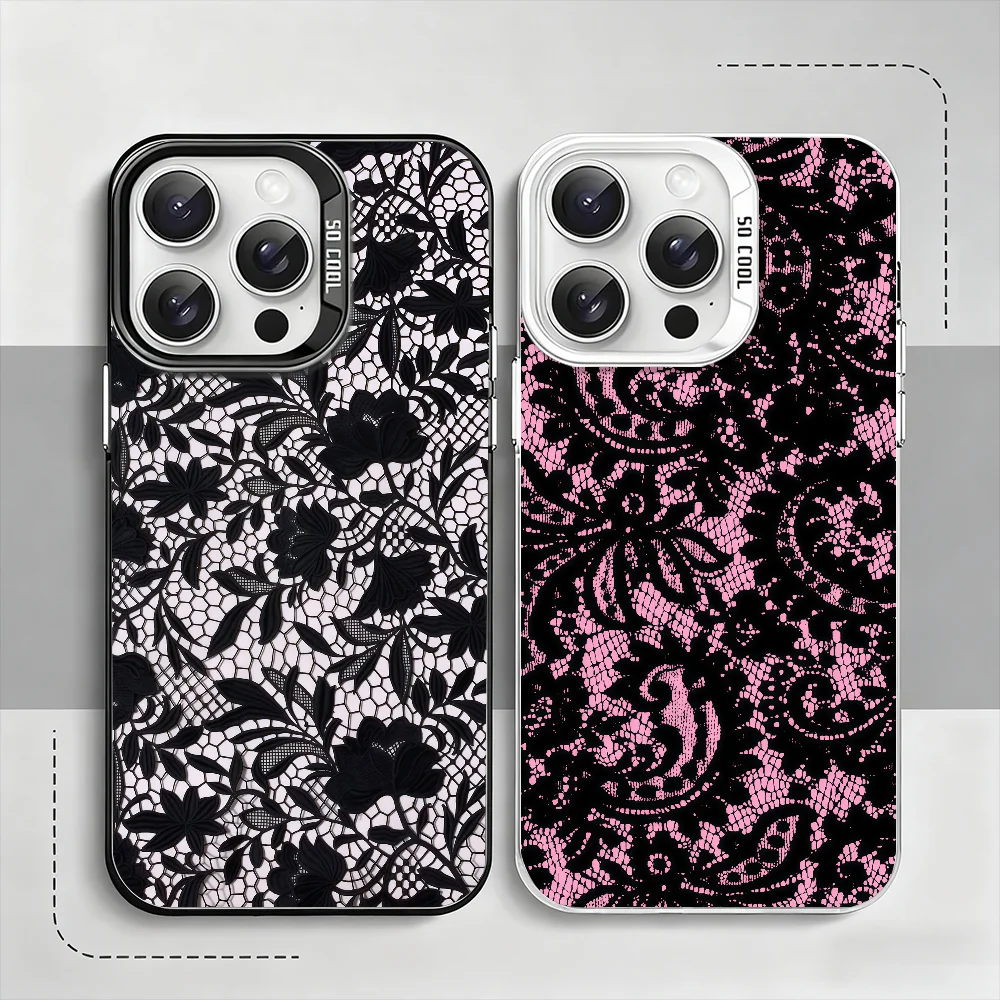 

Black lace print phone case For iPhone 12 11 13 14 15 16 17 Max Pro Plus Mini Protective IMD Color Cover