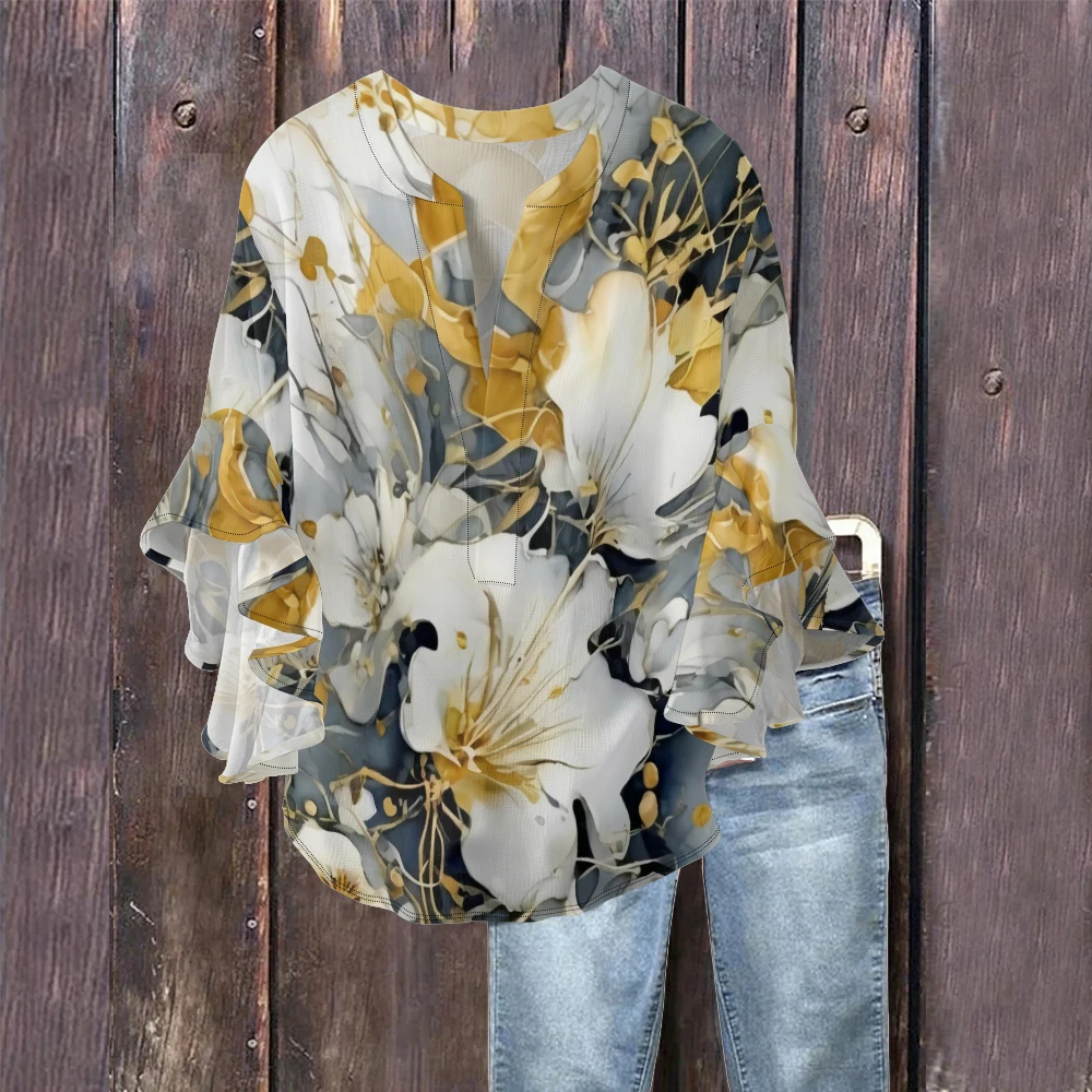 Fashionable V-Neck Blouse for Women Artistic Floral Print with Graceful Flutter Sleeves White Gold Color Elegant Bell Sleeve Top
