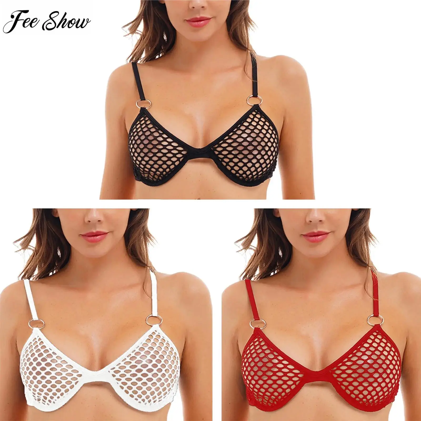 

Womens Hollow Out Fishnet Bra Tops See Through O Ring Adjustable Straps Underwired Brassiere Lingerie Underwear