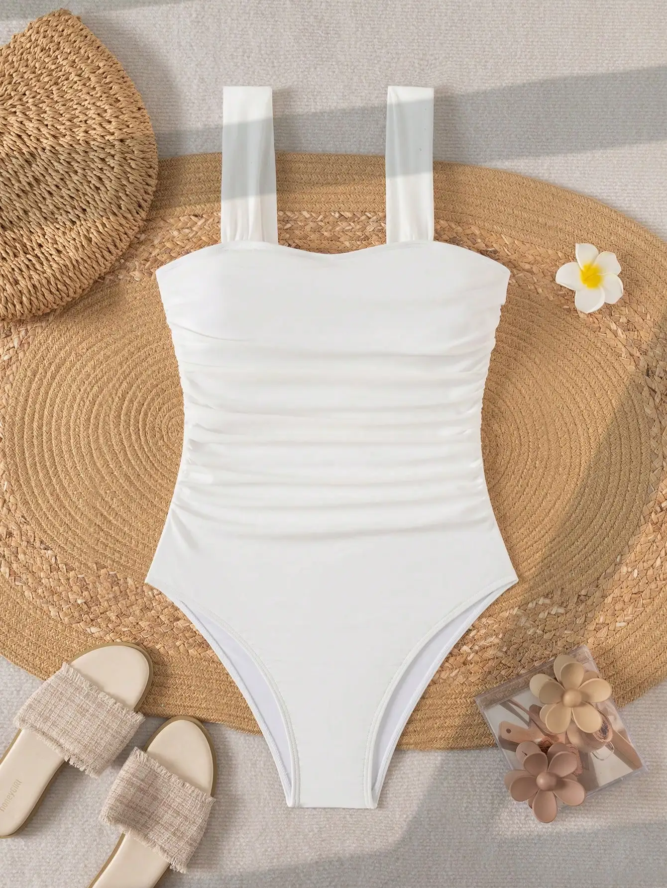 

Women Solid Ruched One Piece Swimsuit Minimalist Boho Beach Vacation Swimwear