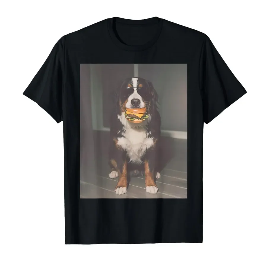 

Funny Bernese Mountain Dog Eating Burger Animal Meme Dog Mom T-shirt For Men Women 100% Cotton T Shirts Short Sleeve Tops 0413-3