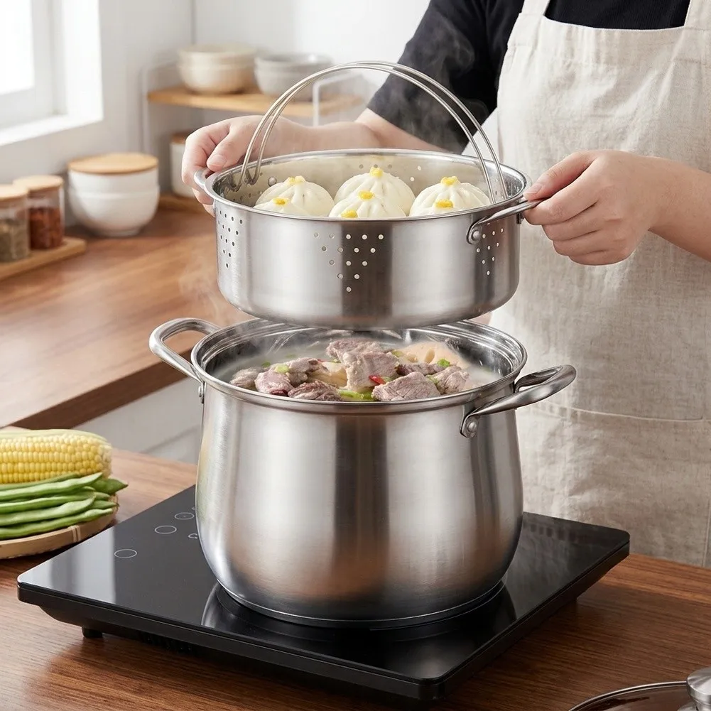Heavy Bottom Cooking Pot Soup Pot With for steamer Sleek Silver Appearance Generous Capacity For Meal Prep Large Capacity Soup