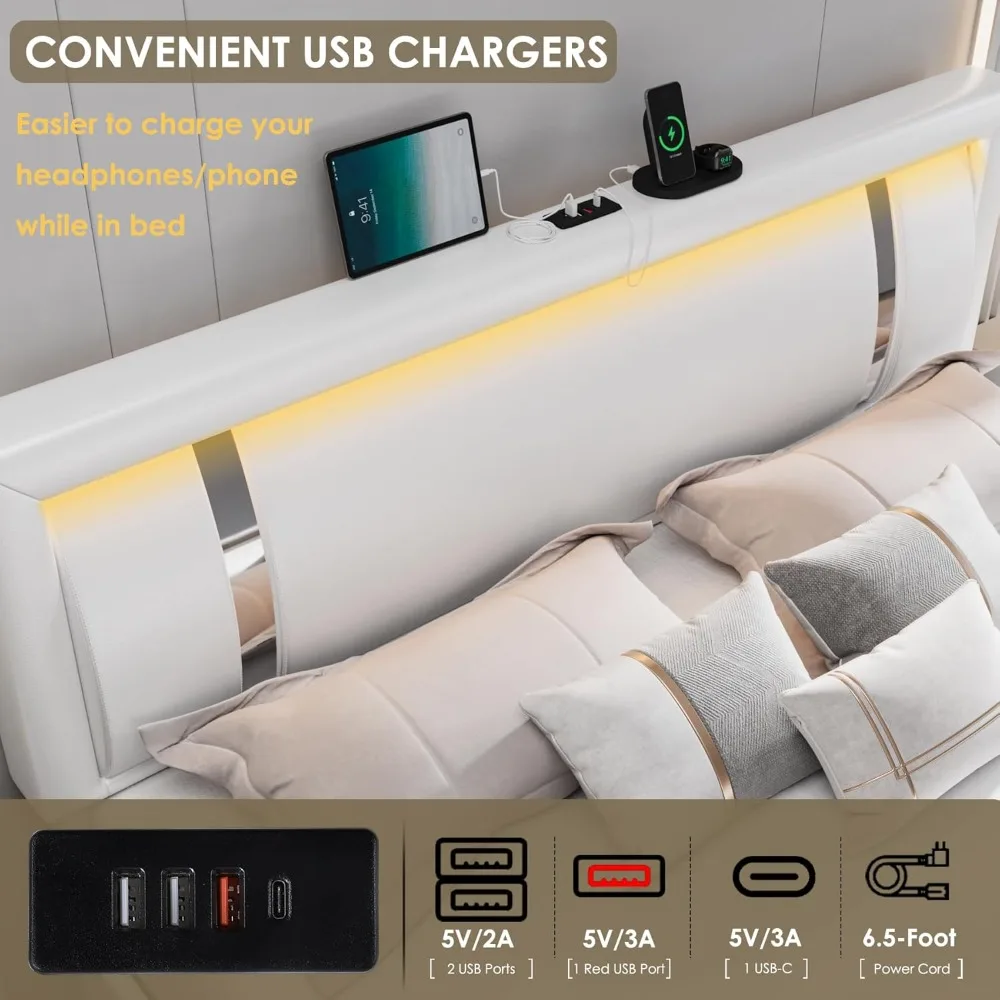 Rangka Tempat Tidur LED Ukuran Penuh dengan 2 Laci Penyimpanan, Platform Pintar Berlapis Kulit Imitasi Modern, Port Pengisian Daya USB USB-C
