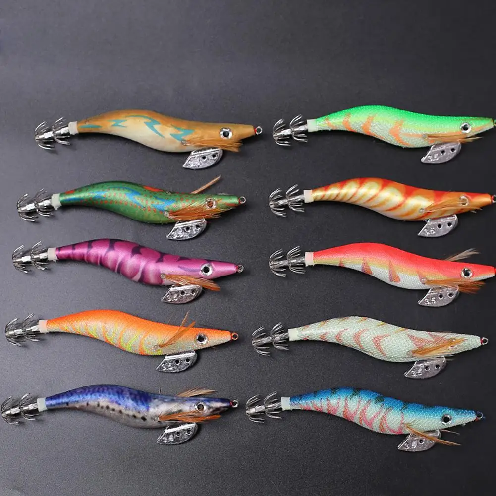 10Pcs Luminous Fishing Bait Squid Bait Wooden Shrimp Sea Fishing Artificial Bait 2.5/3.0/3.5 Fishing Gear