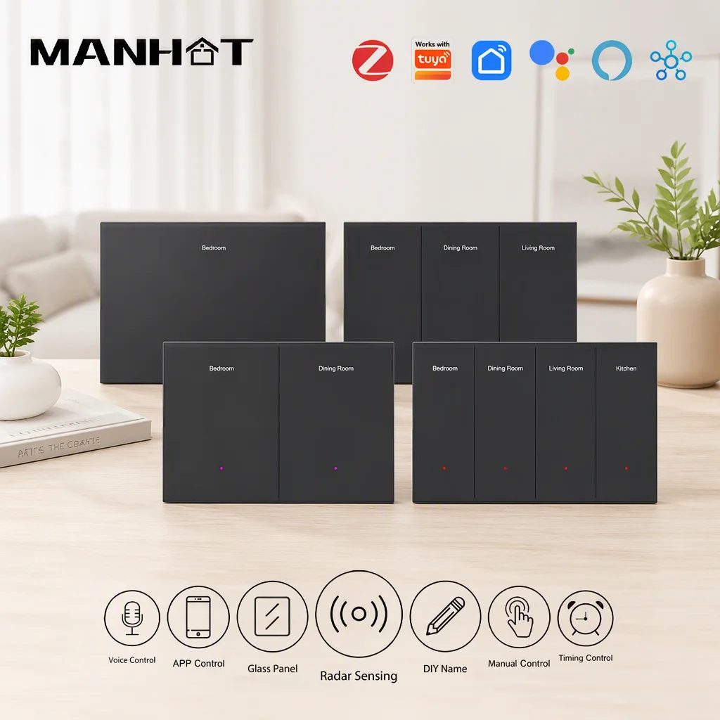MANHOT Zigbee Horizontal Smart DIY Name Switch Display Screen Glass Panel 1/2/3/4/6/8 Push Button Works with Tuya Smart Life App
