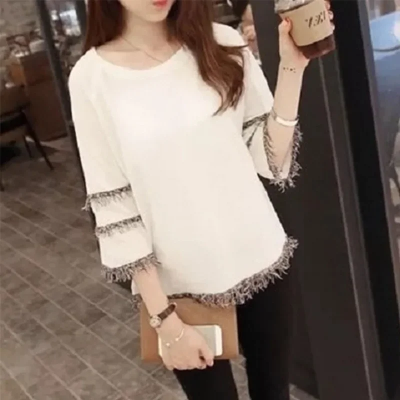 

Women Clothing Elegant O-neck Loose T-Shirt Summer Fashion Tassel Three Quarter Vintage Solid Tops