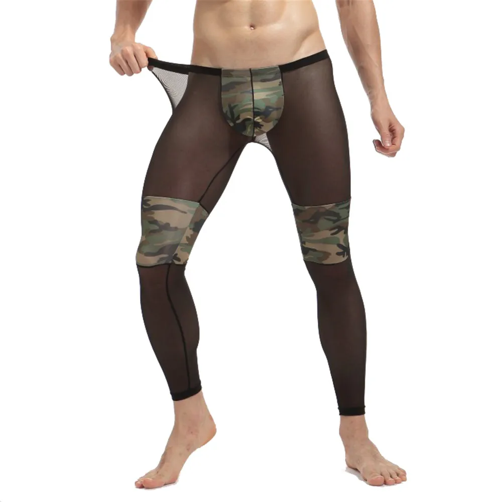 Mens Sexy Mesh Camo Long Johns Ultra-Thin Sheer Leggings Underwear Low Rise Sleep Bottoms Home Ropa Interior Hombre Pajama Pants