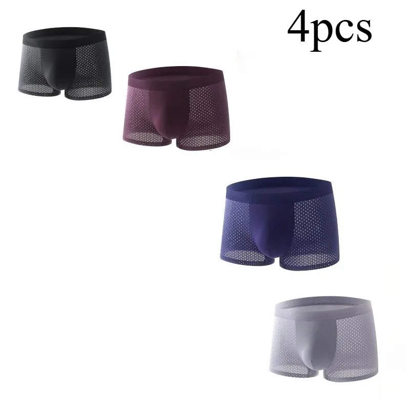 

4 Pieces of Men's Mid Waist Plus Size Flat Corner Underwear - Oversized Breathable Mesh Ice Silk Cool Underwear