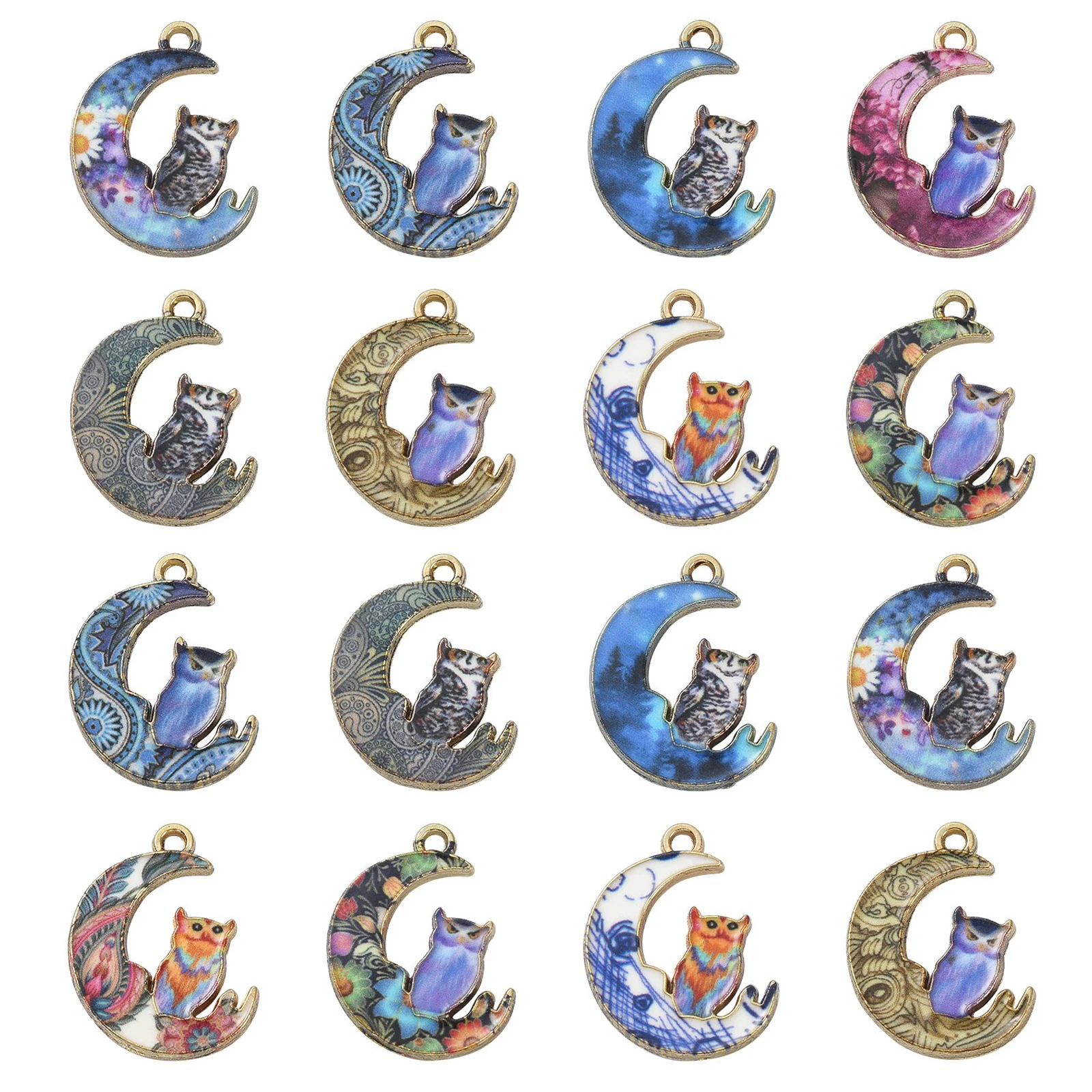 27Pcs 9 Styles Colorful Crescent Moon Owl Charms Enamel Half Moon Charms Animal Owl Dangle Charms for Jewelry Necklace Making