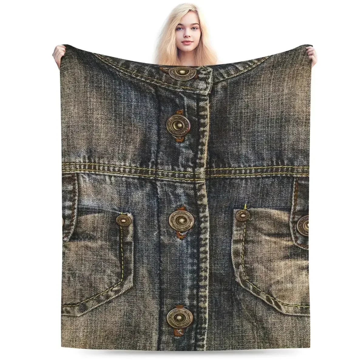 Two Pocket I Love Bluejeans Denim Blanket Soft Warm Flannel Throw Blanket Cover for Bed Living room Picnic Travel Home Sofa