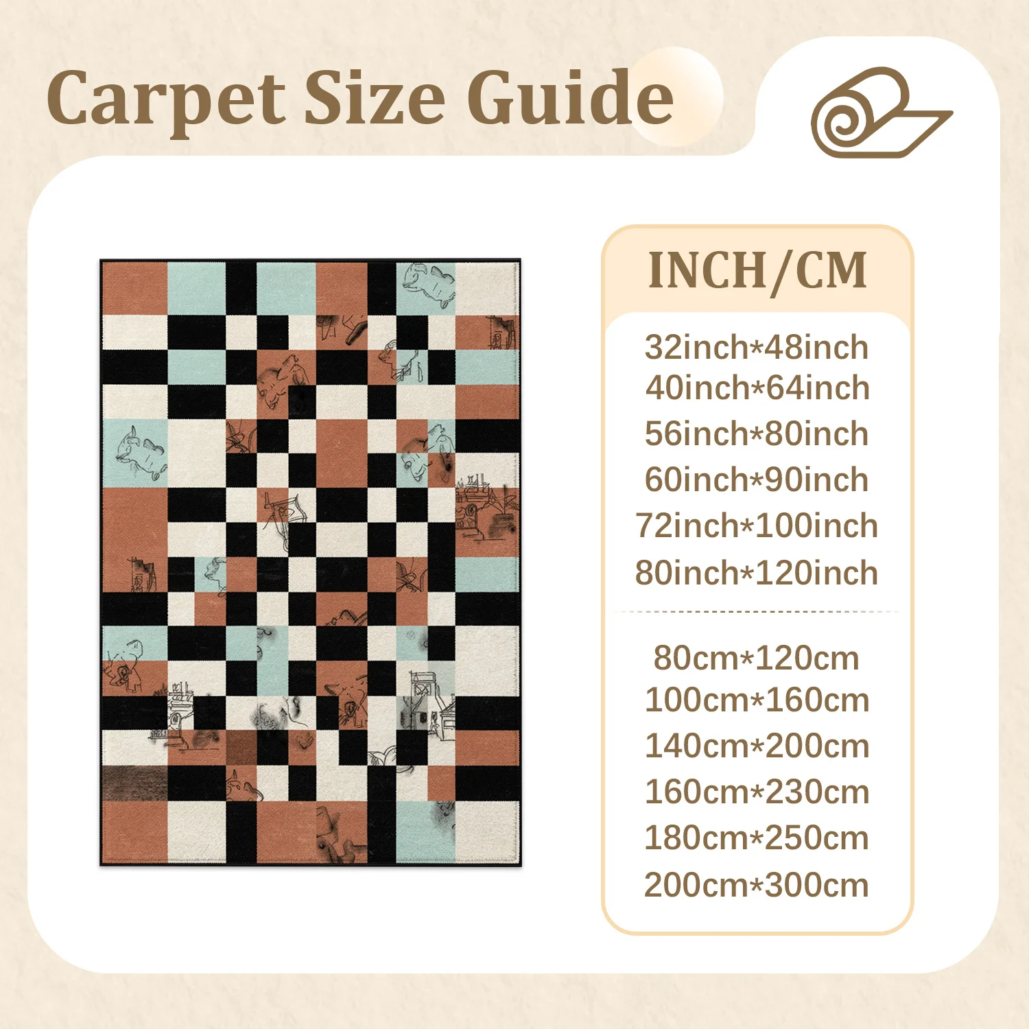 Checkered Sketch Line Art Pattern Area Rug, Velvet Fabric, Machine Washable, Suitable for Living Room, Bedroom, Dining Room, Entryway, Ideal for Halloween, Thanksgiving, Christmas, New Year, Black Friday, Cyber Monday Decor