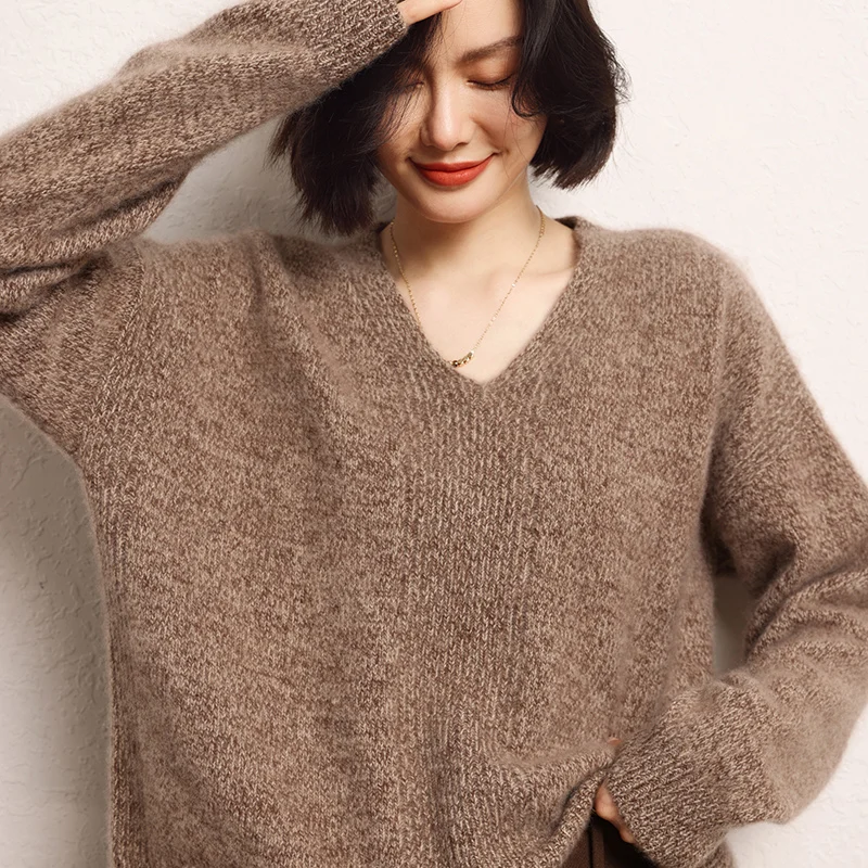 High-End Winter Women\'s 100% Cashmere Sweater Female V-neck Thicken Loose Large Size Pullover Lady Knit Jumper Woman Clothing