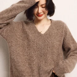 High-End Winter Women's 100% Cashmere Sweater Female V-neck Thicken Loose Large Size Pullover Lady Knit Jumper Woman Clothing