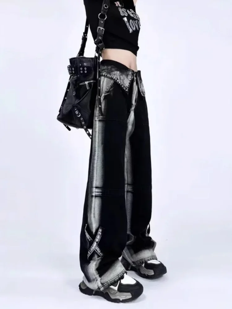Y2Kコントラストカラージーンズ レディース ハイウエスト ファッション ワイドレッグパンツ 2025新作 カジュアル ストレートデニムパンツ