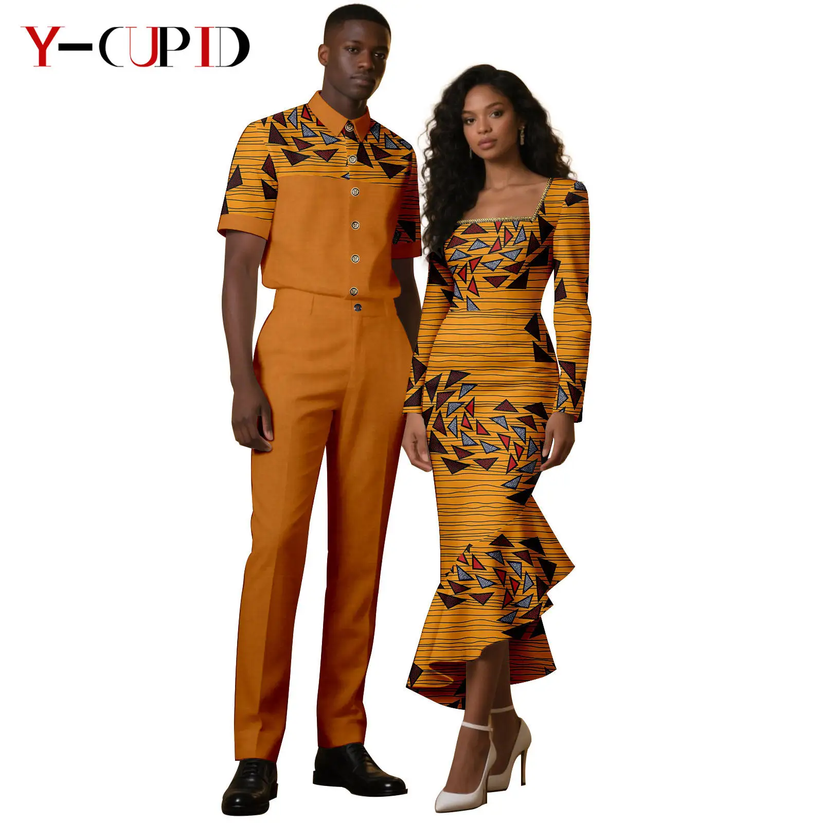 

African Print Beading Mermaid Dresses for Women Matching Couple Clothes Men Outfits Dashiki Top Shirt and Pant Sets 25C066