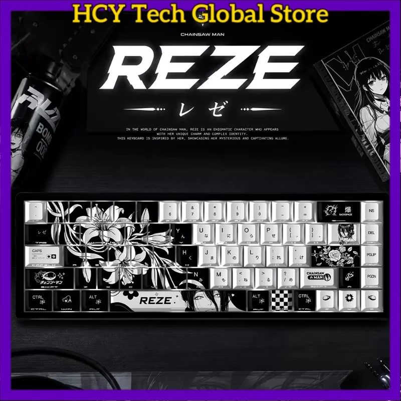 HCY Reze 5.0 Anime Keycaps Chainsaw Man Themed Mechanical Keyboard PBT Custom Cute Keycaps PC Gaming Keyboard Accessories Gift