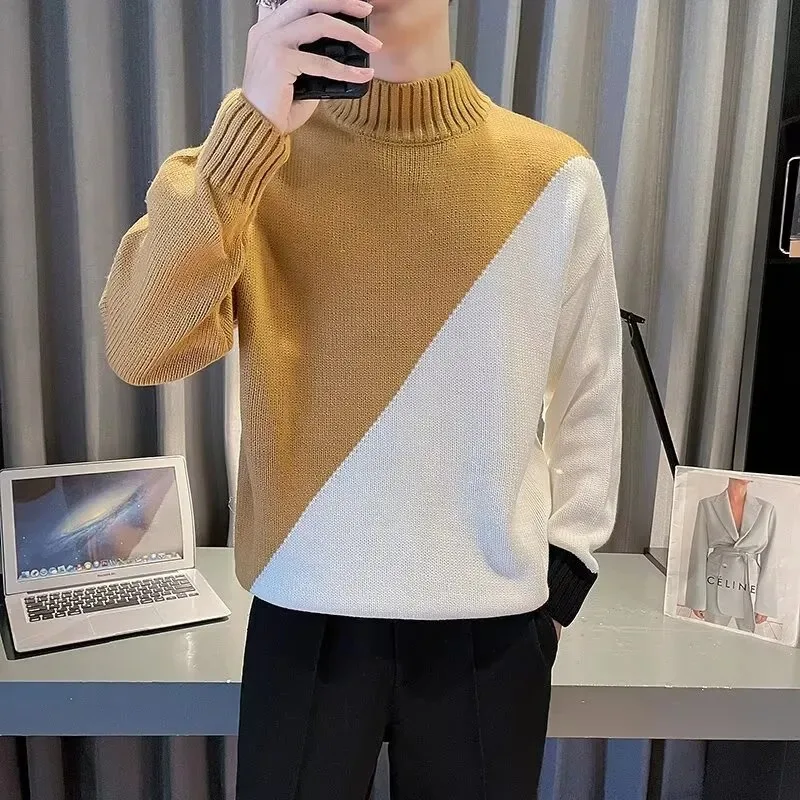 Korean Style Half Turtleneck Contrasting Color Sweater for Men Autumn Winter Splicing Thickened Pullover Bottoming Knitted Top