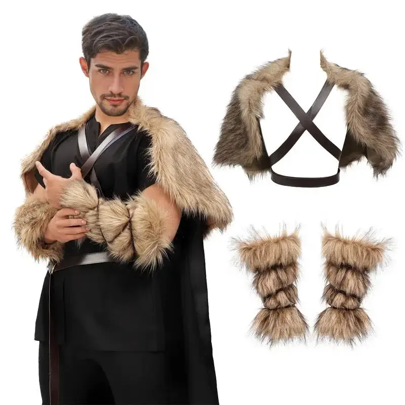 

XT8WENAM 2PCS/Set Medieval Faux Fur Shawl with Belt Arm Bracers Shoulder Cape Renaissance Warrior Cosplay CostumeXT6@!