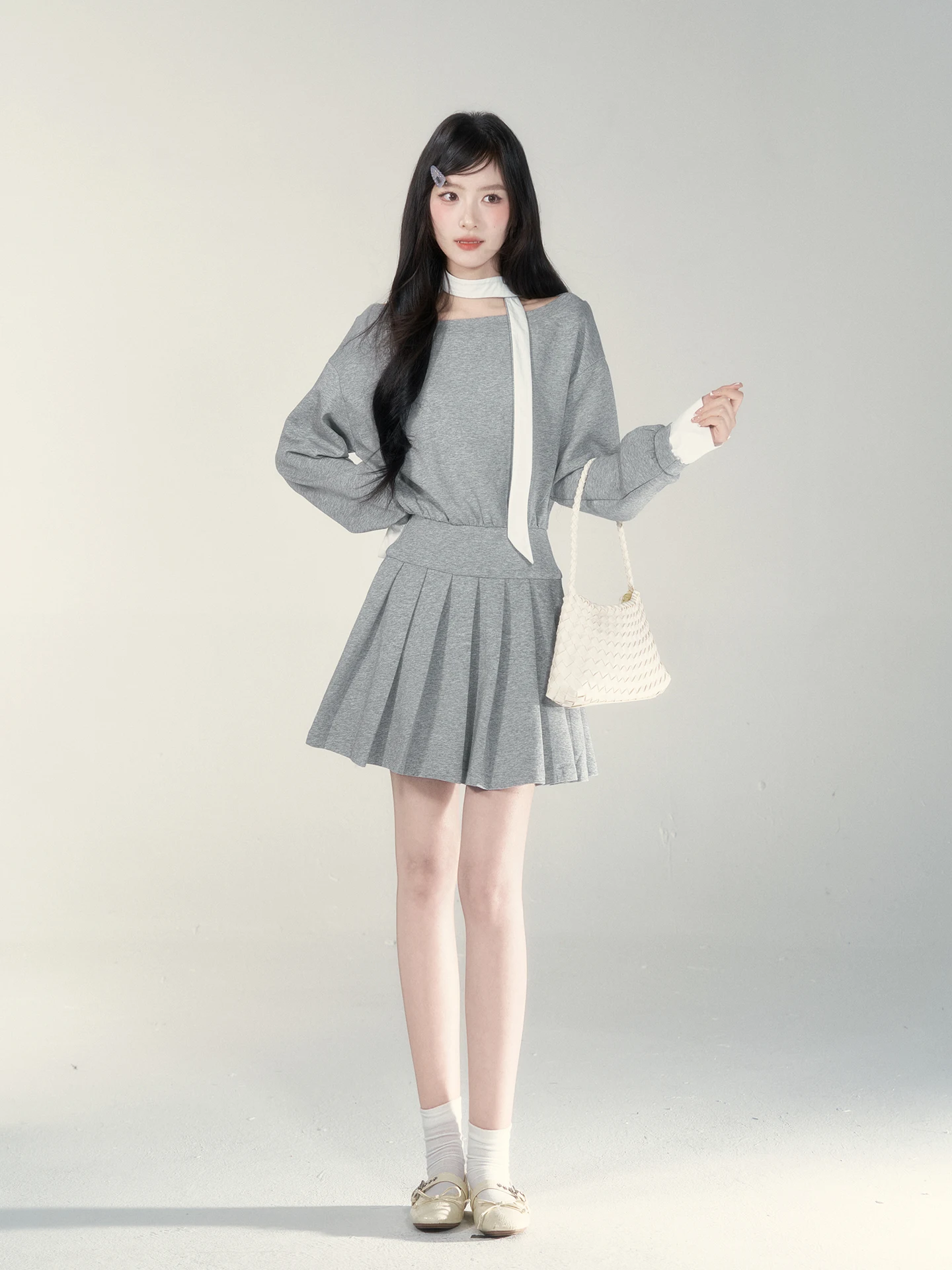 

High Waist Long Sleeve Grey Dress Women's Fashion Spring New Style French Style A-Line Skirt Comfortable Fabric City Commute
