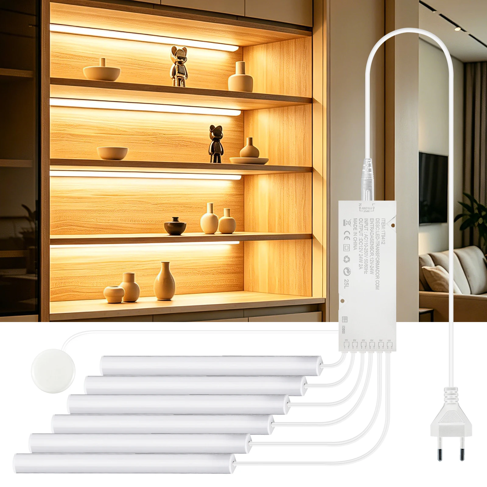 1-6Pcs Kitchen LED Under Cabinet Light Penetrable Wood Hand Scan Motion Sensor Touch Switch Dimmable Wardrobe Lamp Backlight