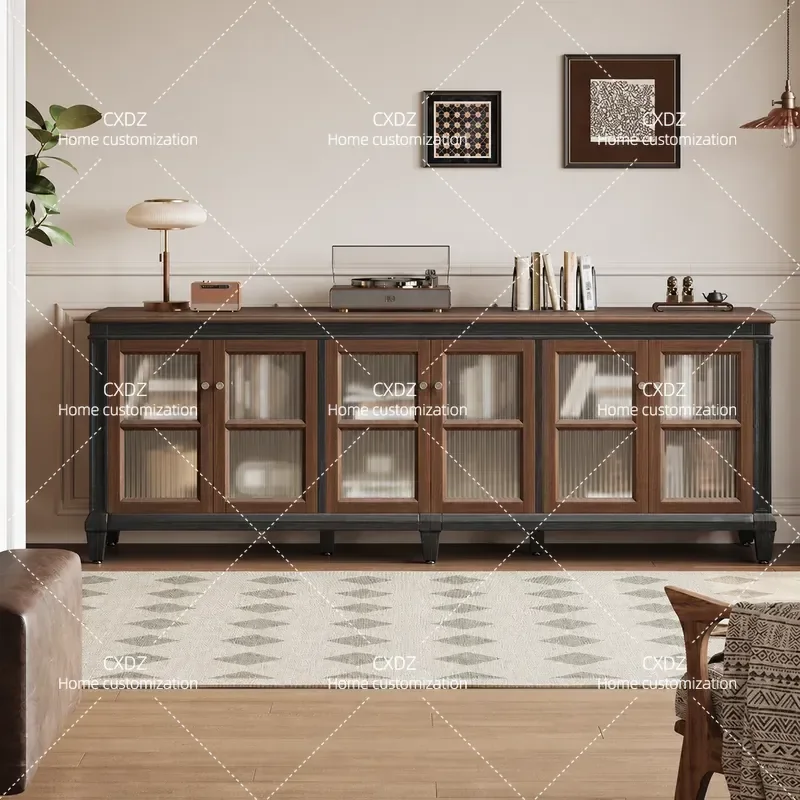 Retro Solid Wood TV Cabinet High Living Room French Large Capacity Storage Black Premium Audio Visual Console