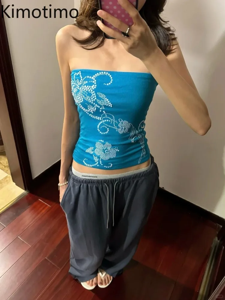 Kimotimo Blue Flower Diamonds Strapless Vest Women Sexy Y2k Aesthetic Slim Fit Tanks American Retro Sleeveless Harajuku Crop Top