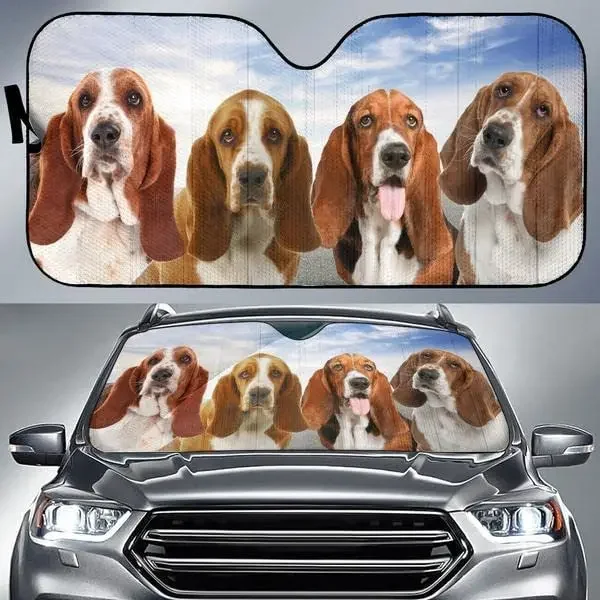 Funny Basset Hound Team Blue Sky Pattern Dog Lover Car Sunshade, Auto Sunshade for Basset Hound Dog Lovers Gift, Car Windshield