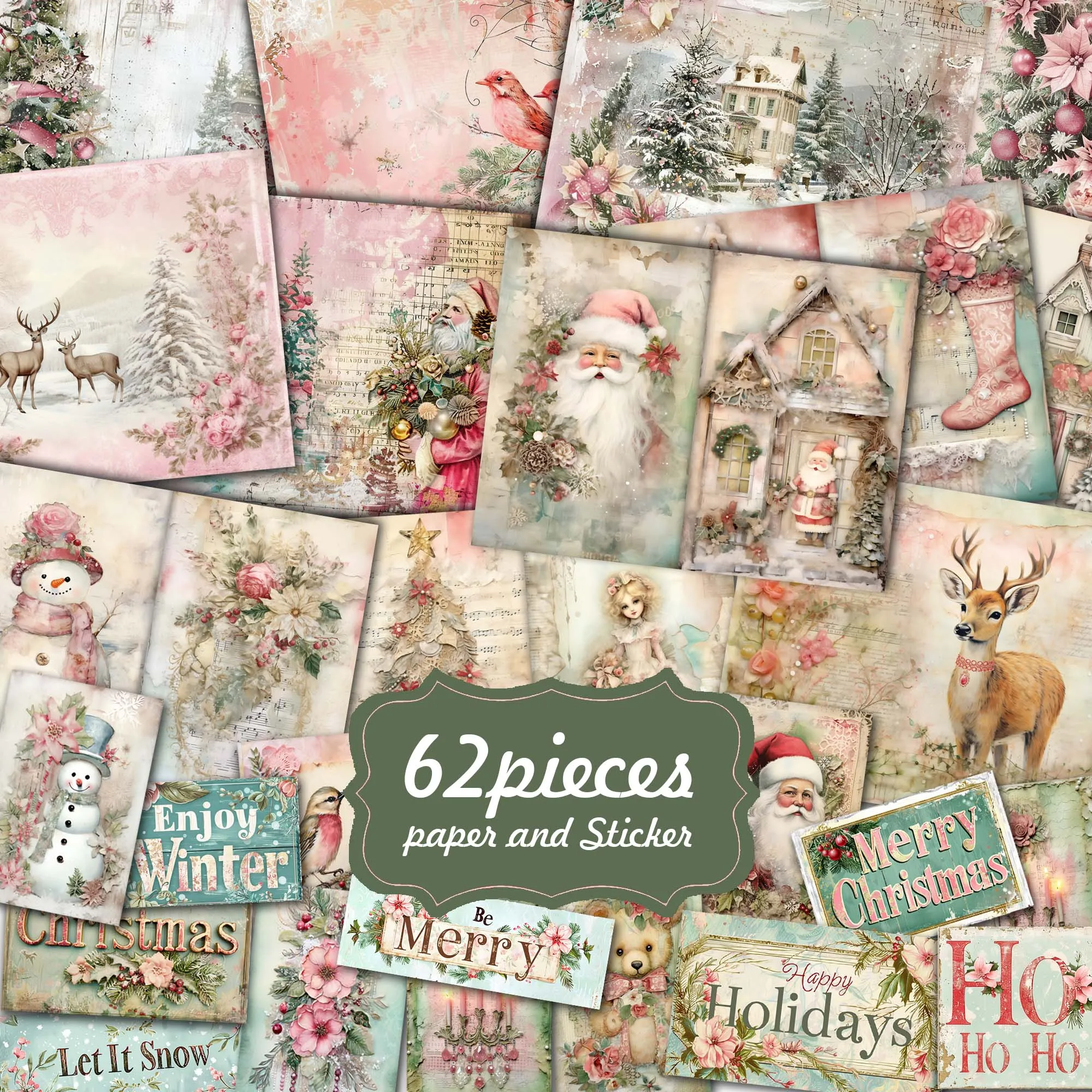 JAIIMAN 62pieces Vintage Deer Christmas DIY Writable Background Paperpads With Sticker,for Arts Crafts,Scrapbooking Supplies