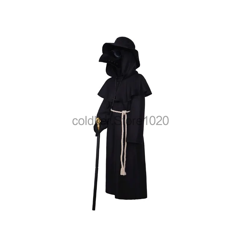 New Halloween Plague Doctor Cosplay Costume for Men Women Evil Black Hooded Robe Crow Beak Mask Adult Carnival Party Outfis view 4