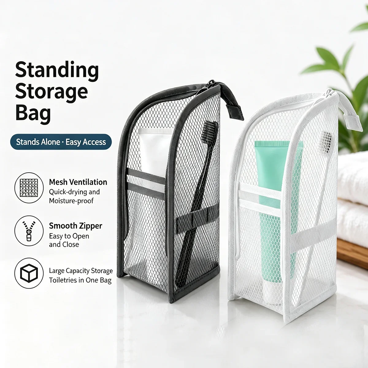 Large Capacity PVC Cosmetic Bag Waterproof Space Saving Toothbrush Toiletry Pouch Zipper Closure Vertical Design