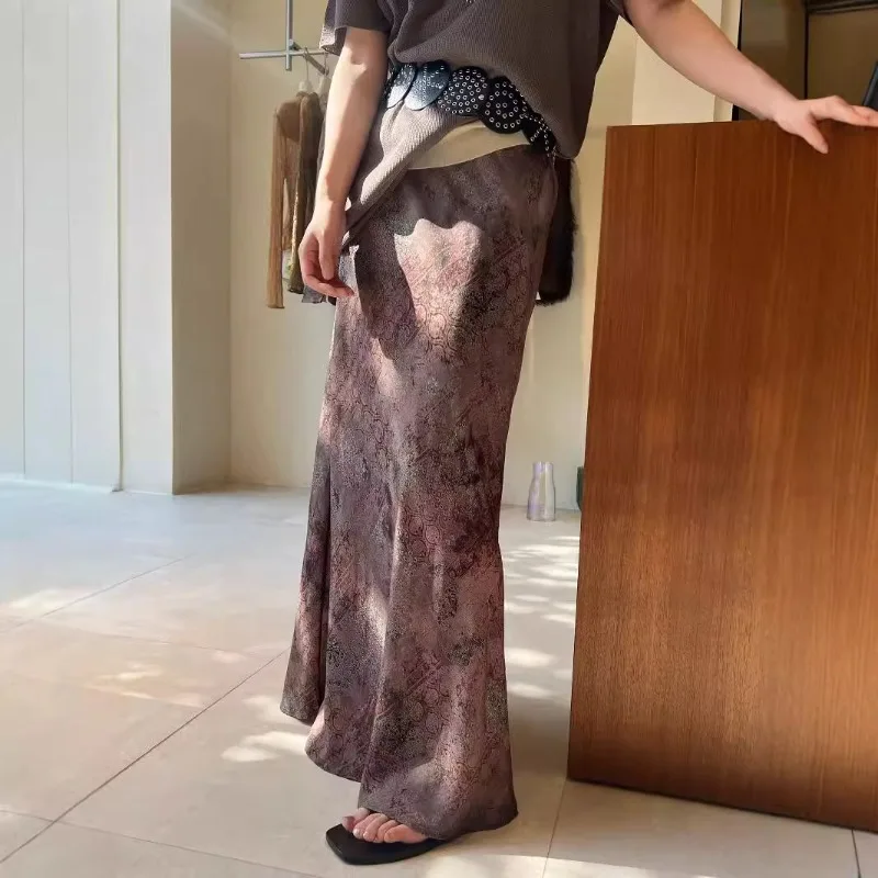 Chinese Style Printed Midi Skirt with Elastic Waistband and Twill Pattern