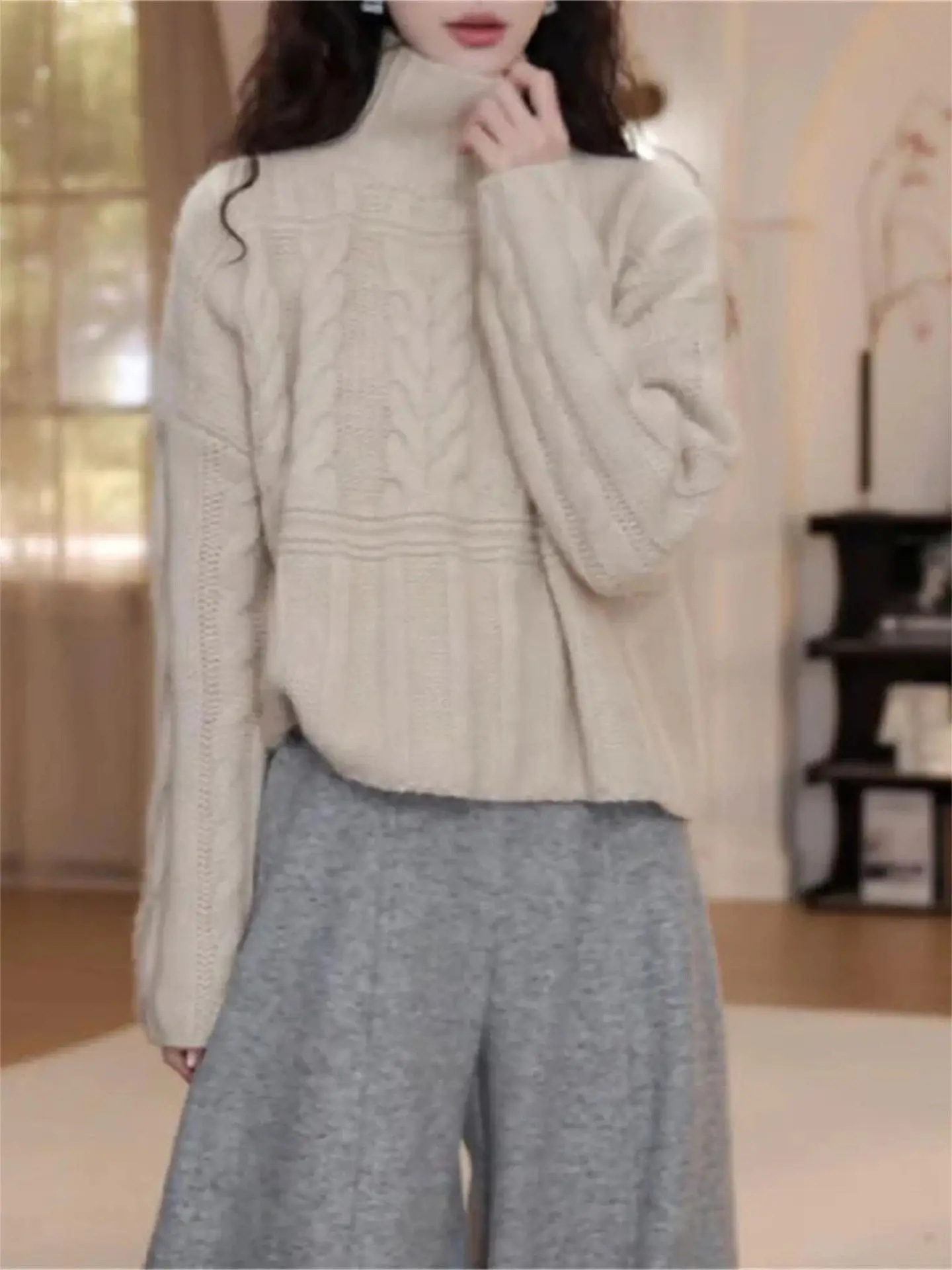 

Ladies Casual Knitted Sweater Long Sve f High Collar Lazy Sle Faion Spring Large Size Versatile Top Korean Commute ...