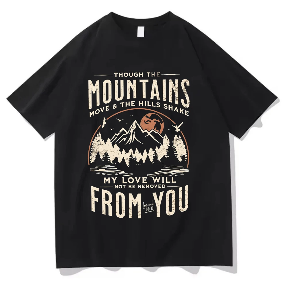 Camiseta cristiana con estampado de versículo bíblico de la serie Though The Mountains Move, camiseta vintage con diseño de fe religiosa, camiseta informal unisex de manga corta