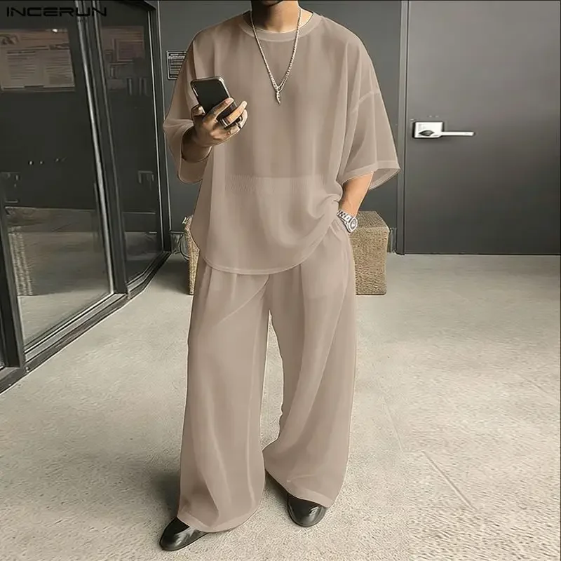 INCERUN Herren-Sets Einfarbig O-Ausschnitt Kurzarm T-Shirt & Hose Zweiteilige Sets Streetwear Locker 2026 Mode Herren Freizeitanzüge