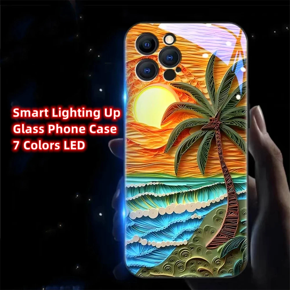 Luminous Tropical Beach Sound Music Control Led Light Phone Case Glitter Cover For iPhone 16 15 14 13 12 11 Pro Max XR XS Plus 8