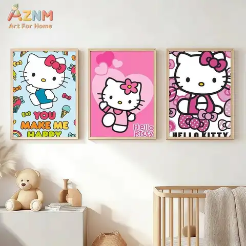 AZNM Hello Kitty Unframed Canvas Wall Art, Cute Sanrio Cartoon Print Poster for Girls Kids Room Nursery Bedroom Home Decor Gift