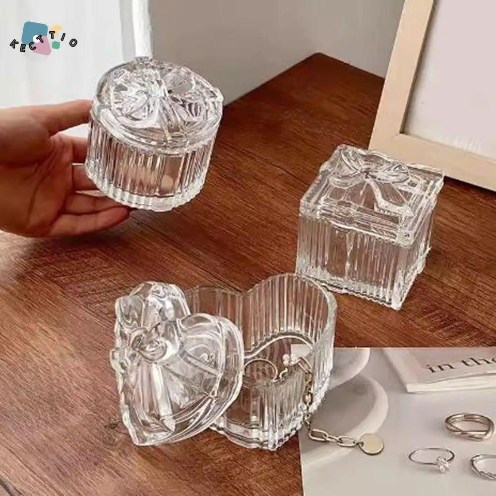 

3Pcs Transparent Crystal Glass Jewelry Storage Box Heart-Shaped Exquisite Bowknot Mini Storage Jar with Lid Decorative