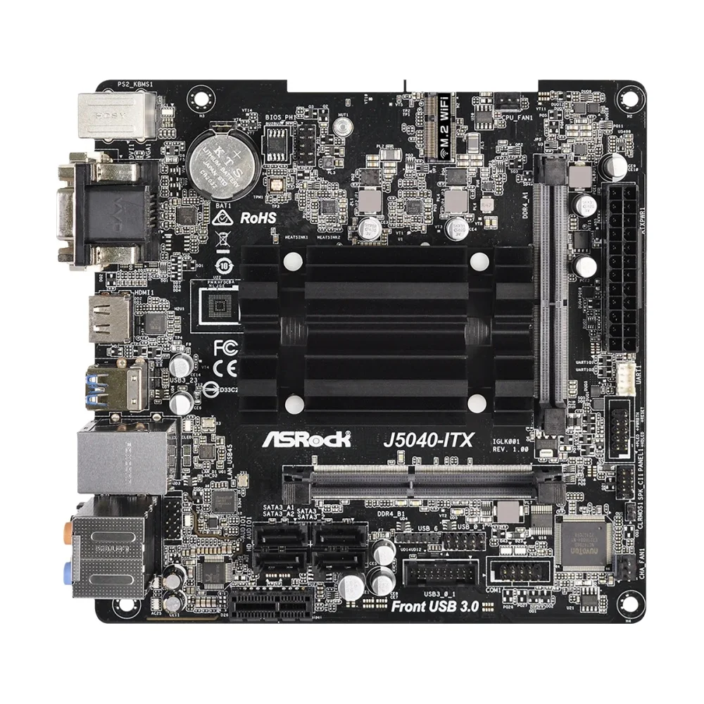 ASRock J5040-ITX Mini-ITX-Motherboard, Intel Quad-Core Pentium-Prozessor J5040, PCIe 2.0, M.2, 2 x SATA, DDR4, 8 GB.