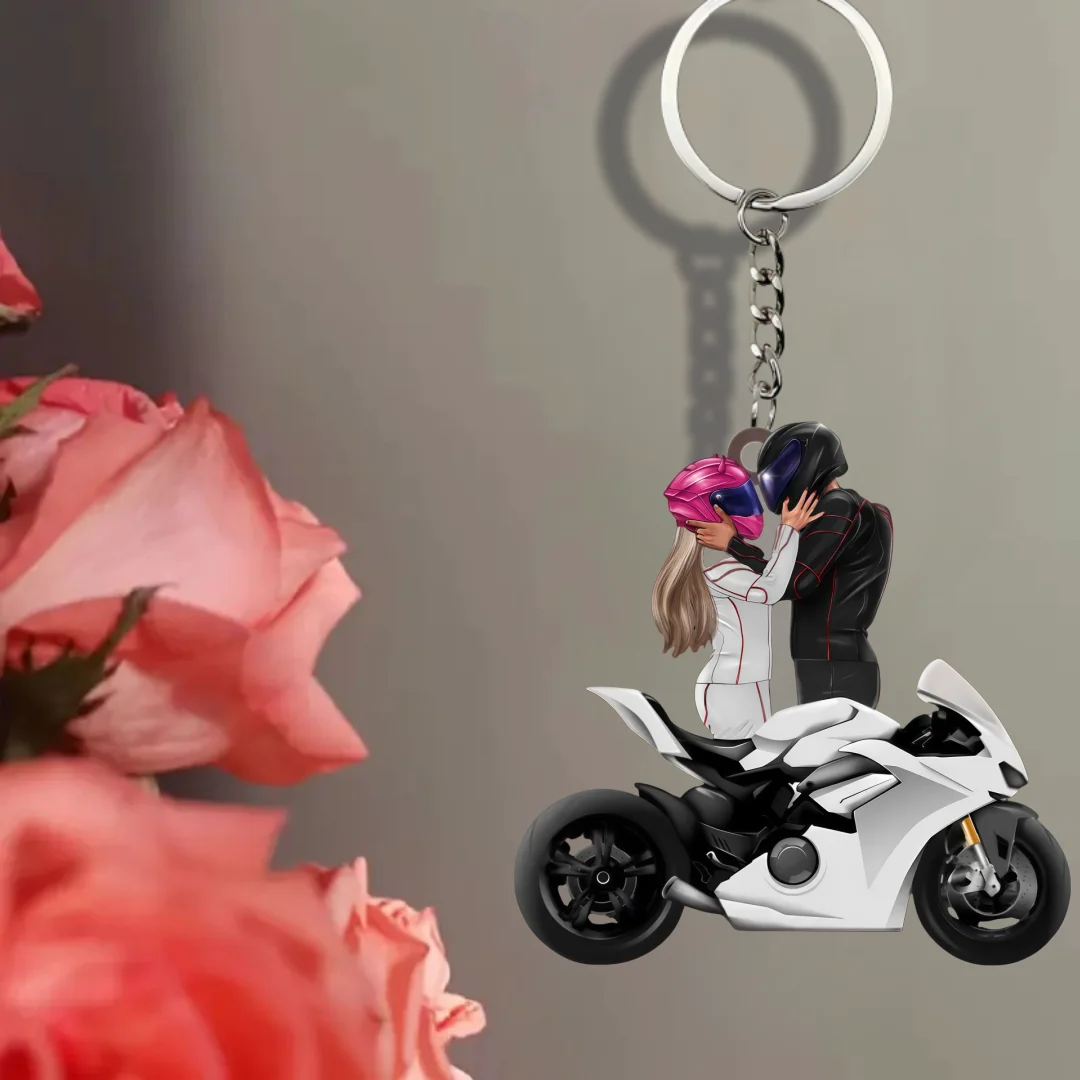 2D Motorcycle Keychain Moto Themed Pendant Kissing Couple Flat Acrylic Ornament Hanging Decoration for Bags Party Festive Gift