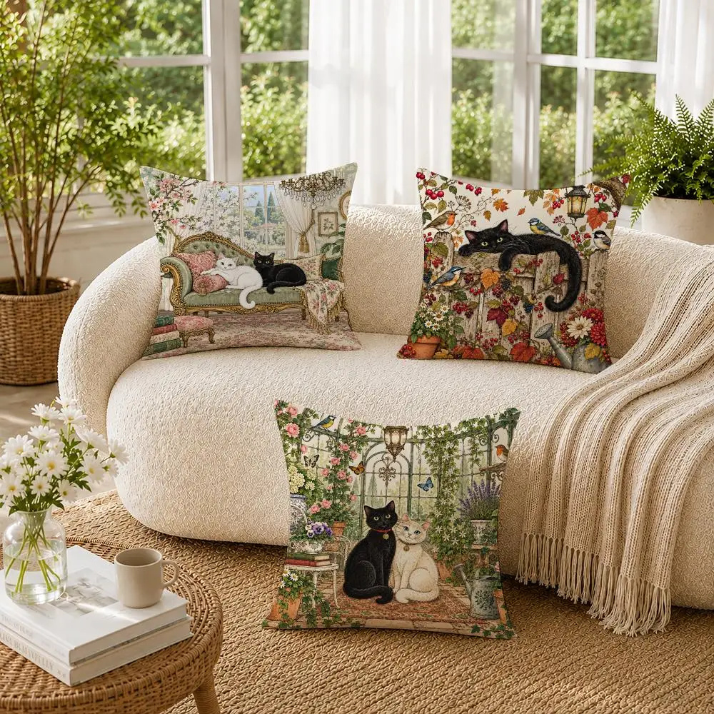 Whimsical Cat Illustrations Cushion Cover Soft Short Plush Pillow Cases Hidden Zipper Cutecore Sofa Bedroom Home Decor Gift