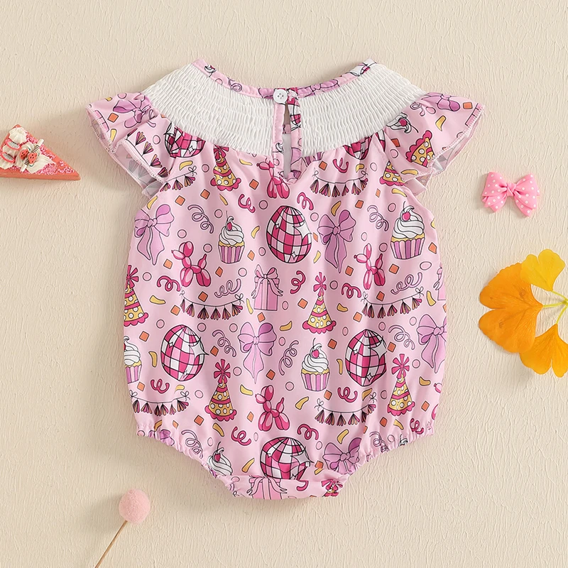 Summer Newborn Infant Baby Girl Birthday Romper Cake Bow Smocked Fly Sleeve Round Neck Jumpsuit Summer Clothes