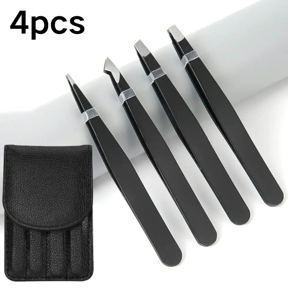 مجموعة ملاقط الحواجب مكونة من 4 قطع من الفولاذ المقاوم للصدأ الملون ذات طرف مائل وأداة تجميل احترافية لإزالة الشعر بدقة
