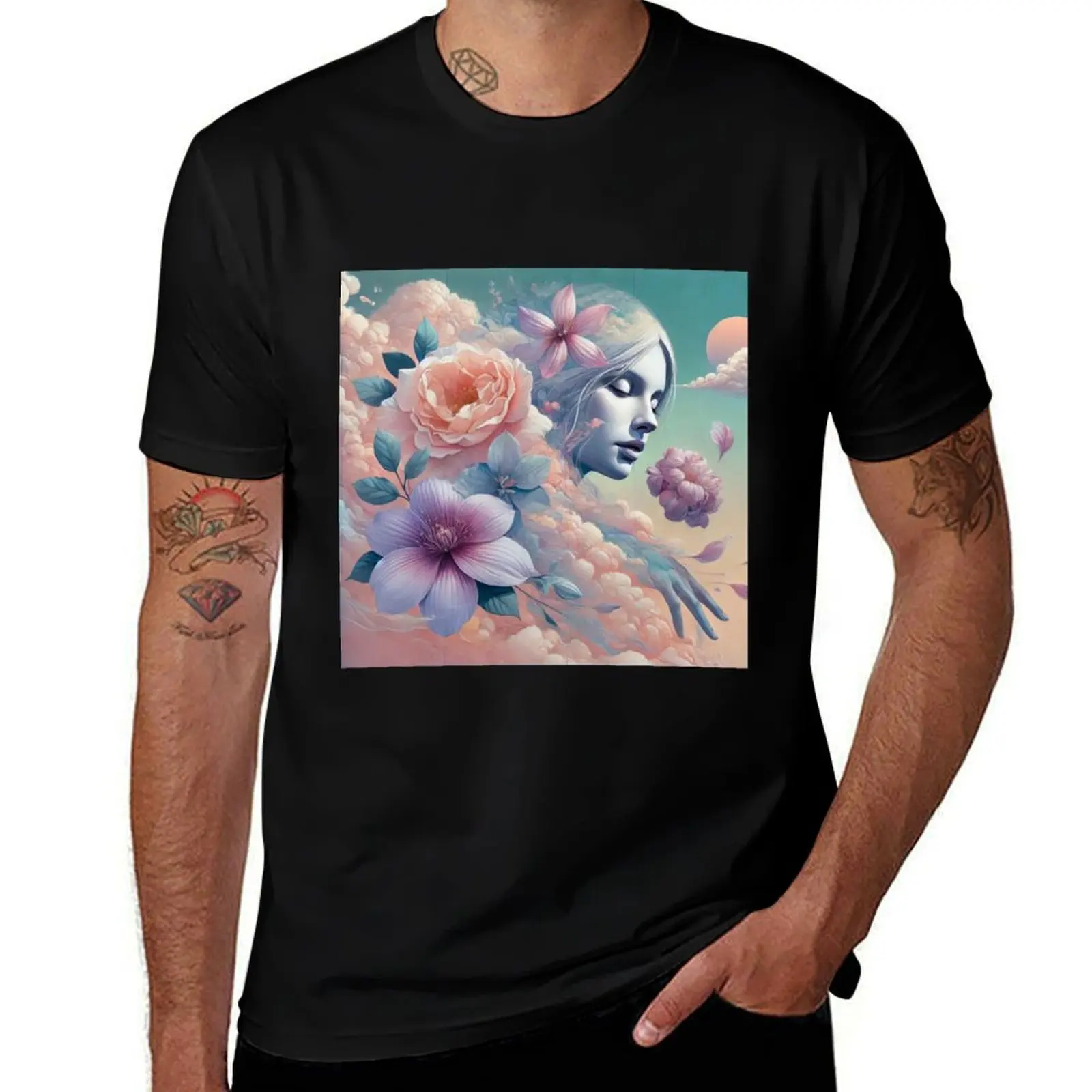 

portrait mural flowers hand clouds sky T-Shirt quick drying man clothes plain anime tshirt anime shirts men