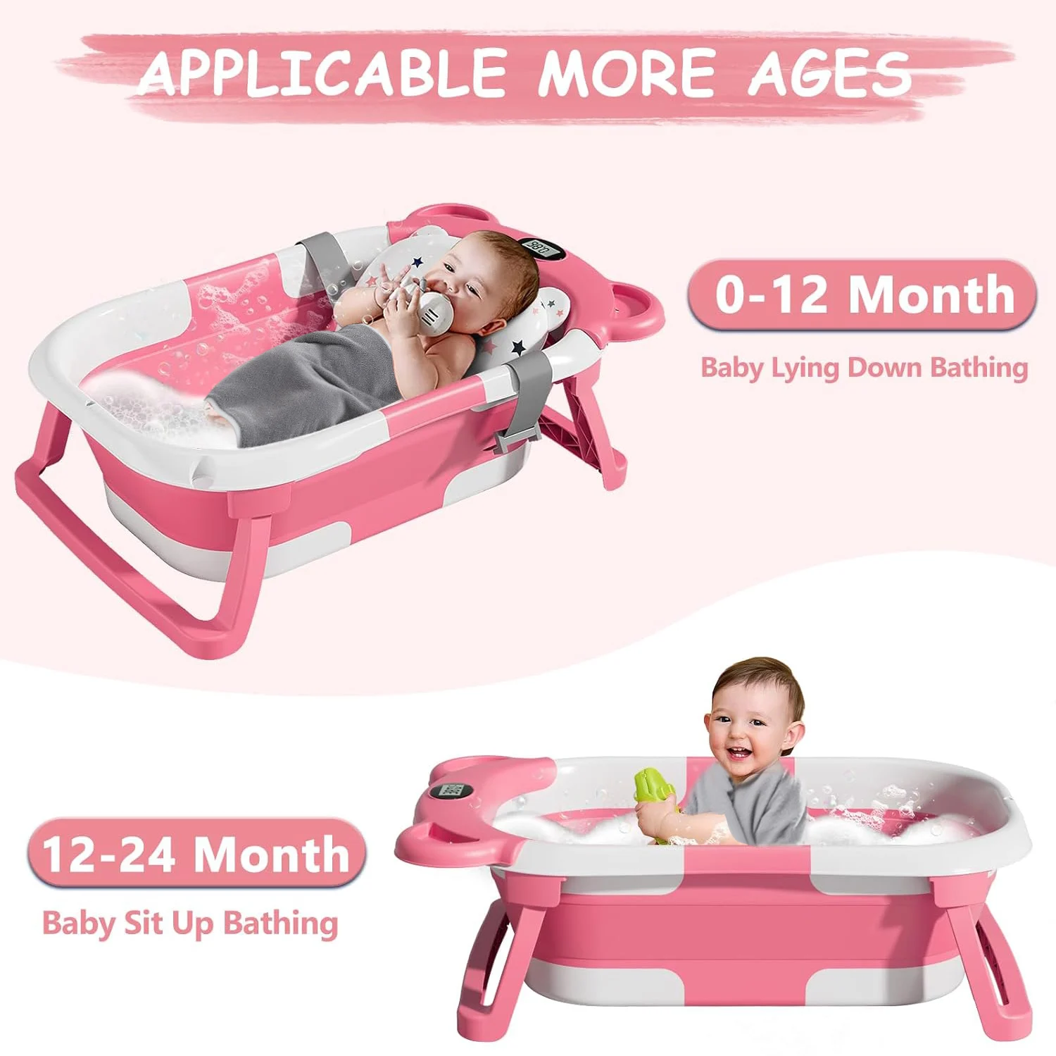 Tragbare, faltbare Babybadewanne für Neugeborene mit Echtzeit-Thermometer, weichem Stützkissen, zusammenklappbare Reise-Babybadewanne mit Ablaufstopfen, kompakte Aufbewahrung, Kinderbadewanne – Detail 13