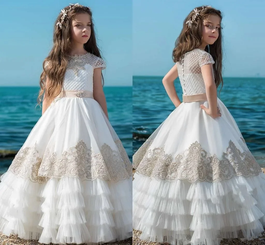 White Flower Girl Dress For Wedding Lace Tulle Short Sleeve Layered Kids Ball Gowns First Communion Beauty Pageant Dresses