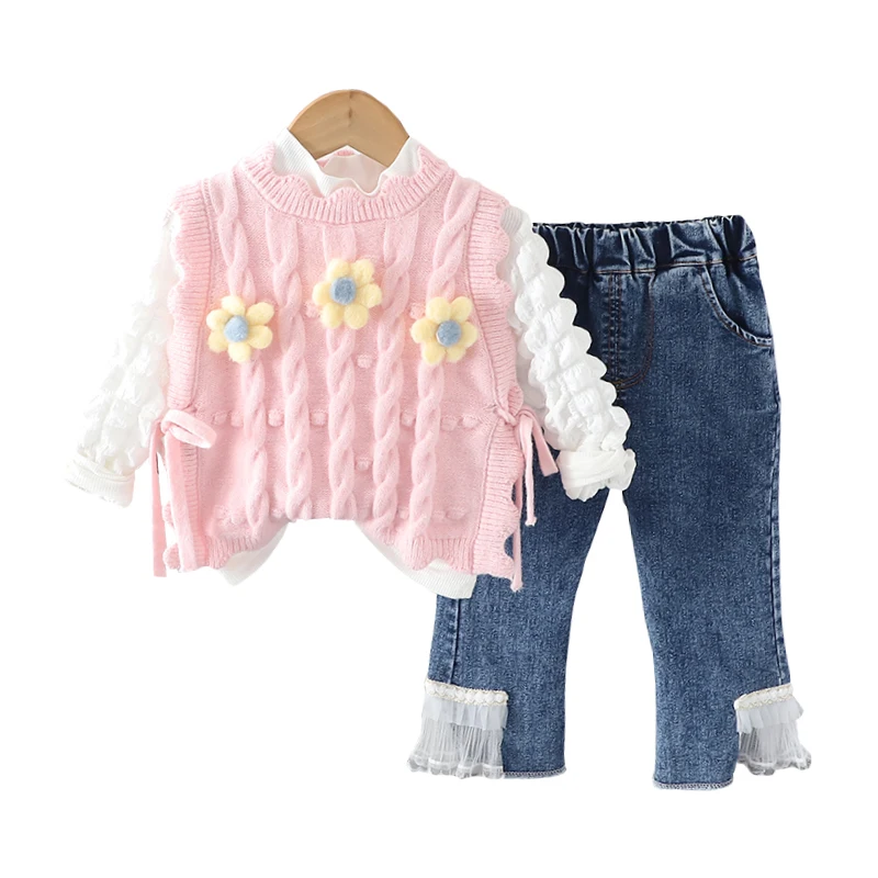 Baby Girls Clothing Sets Autumn Children Knitted Vest T Shirt Lace Jeans Floral Princess Clothes Infant Outfits Kids Tracksuit