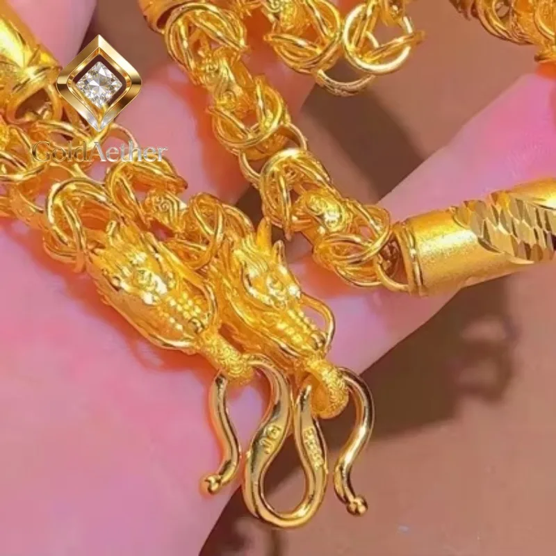 

Ожерелье GoldAether: Величественная цепь из настоящего золота 9999 пробы 24K с головой дракона, Феникса, бамбуковым узлом, бусинами-бочонками и тканевым узором-косичкой