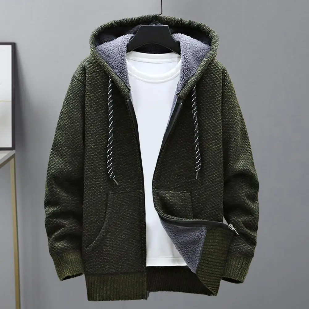 Thickened Men Cardigan Jacket Thickened Plush Lining Sweater Coat Drawstring Hood Knitted Jacket Coat For Men Sweater Jacket